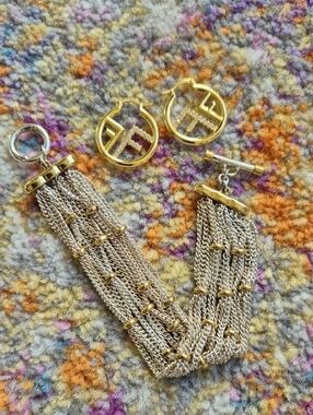Gold-Tone Multi-Chain Bracelet with Hoop Earrings